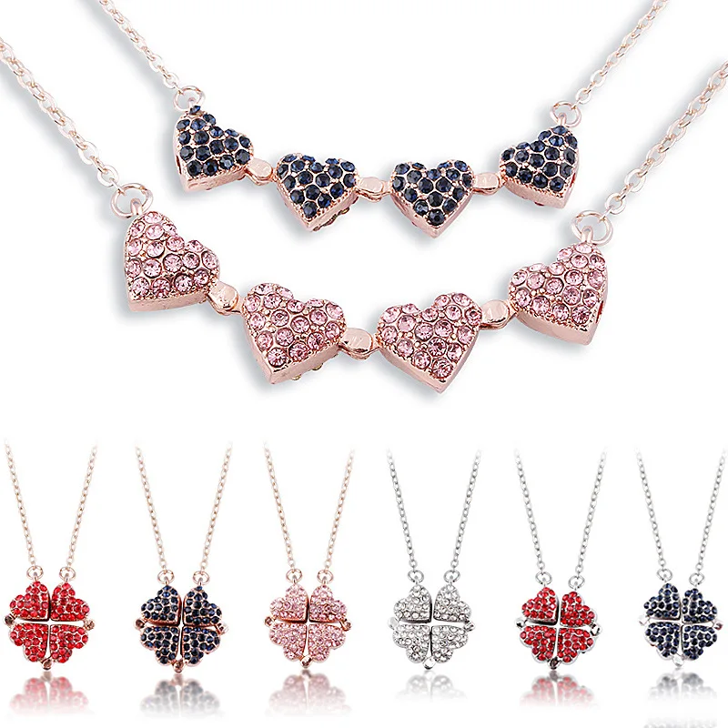 

New Fashion Simple Flower Necklace Birthday Jewelry Folding Heart Four Leave Clover Pendant Necklaces Women, Gold, silver