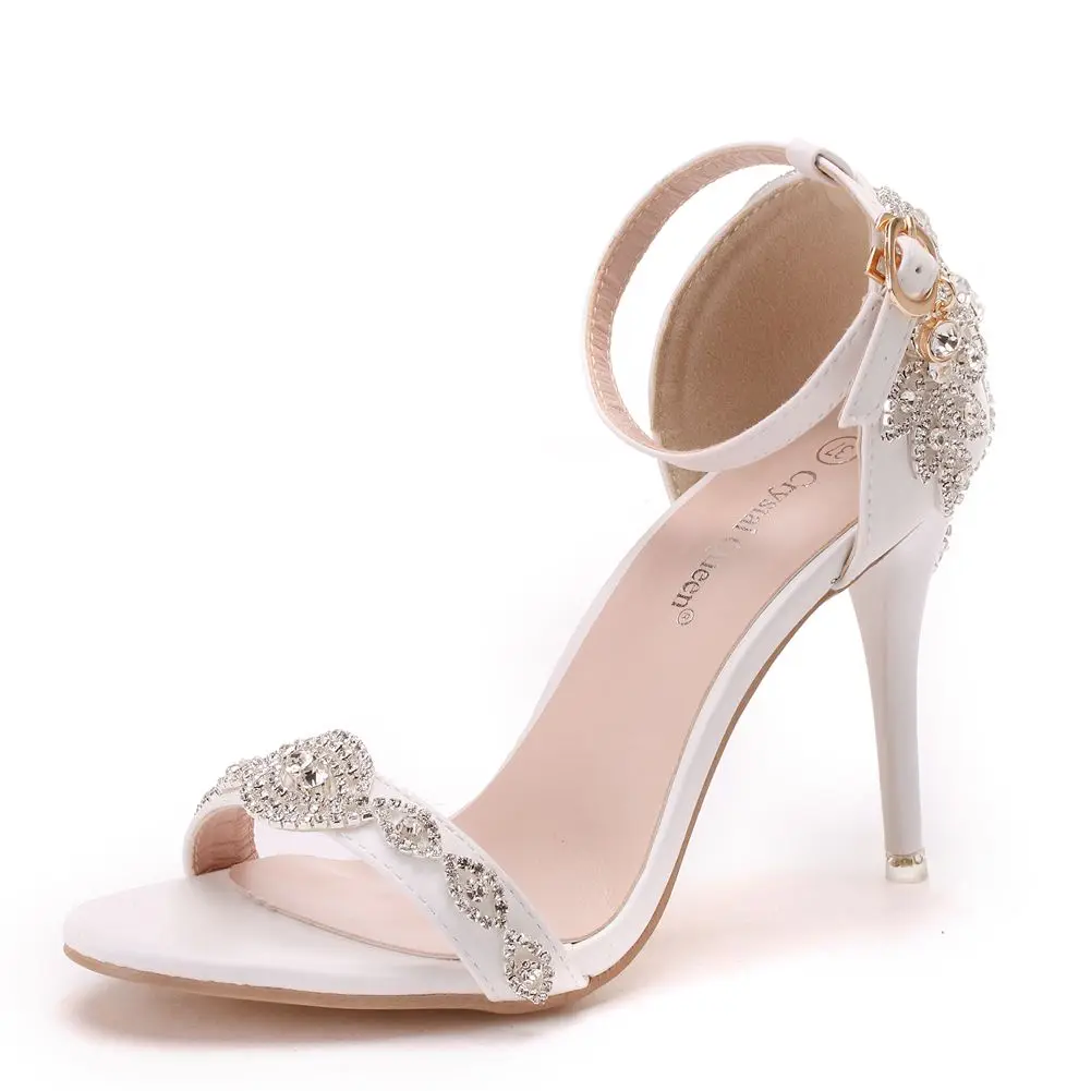 

Women Sandals Summer High Heels Peep Toes Buckle Strap Bridal Shoes Party Luxury diamond Ladies White Wedding Shoe