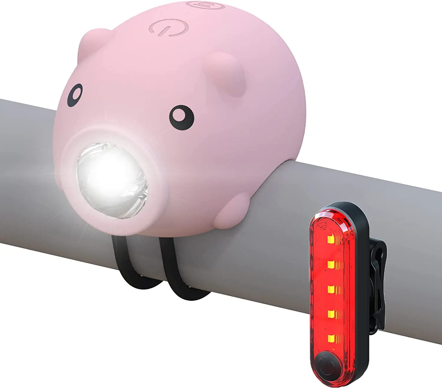 

Hot Sale 3 Lighting Modes Tail Handlebar Head Lamp Cute Flash Kids USB Charging Bicycle Light Bike Horn Bell Pig Front Lights, Pink, green,blue