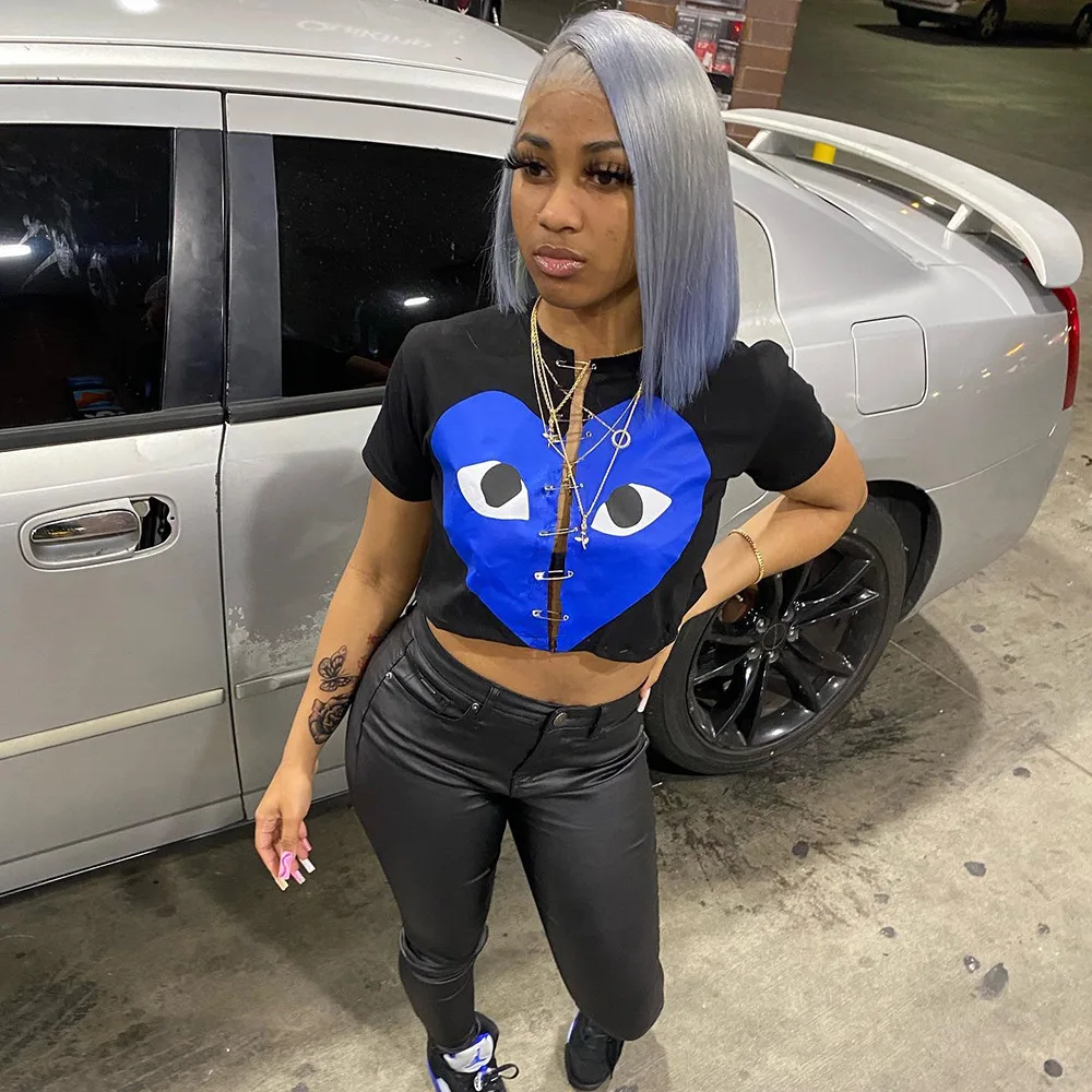 

blue Heart with eye Printed Casual Shirt v-Neck Elegant Tees Lady Summer Women Tops Short Sleeve