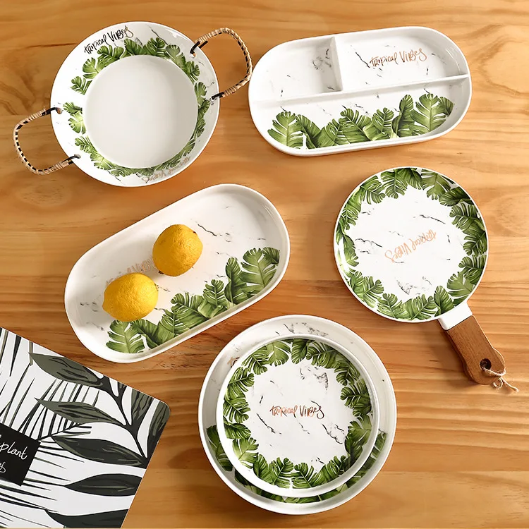 

Nordic ins ceramic tropical rainforest green plants tableware large capacity instant noodle bowl western food plate rice bowl, Customized color
