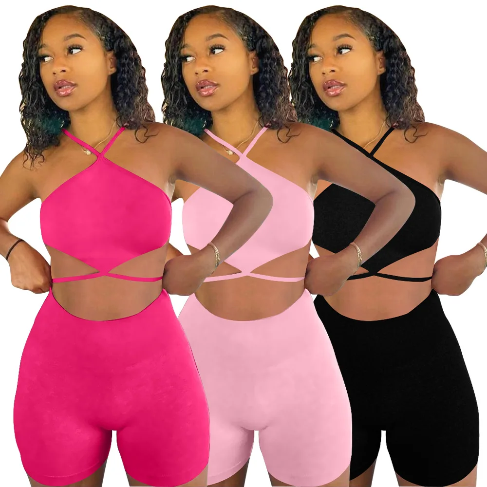 

S-XL New Summer lady outfit Ready to ship woman 2 pcs strapless bandage yoga shorts set