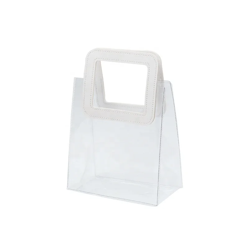 

transparent shopping gift tote bag Customized Waterproof clear PVC makeup pouch bag with leather handle