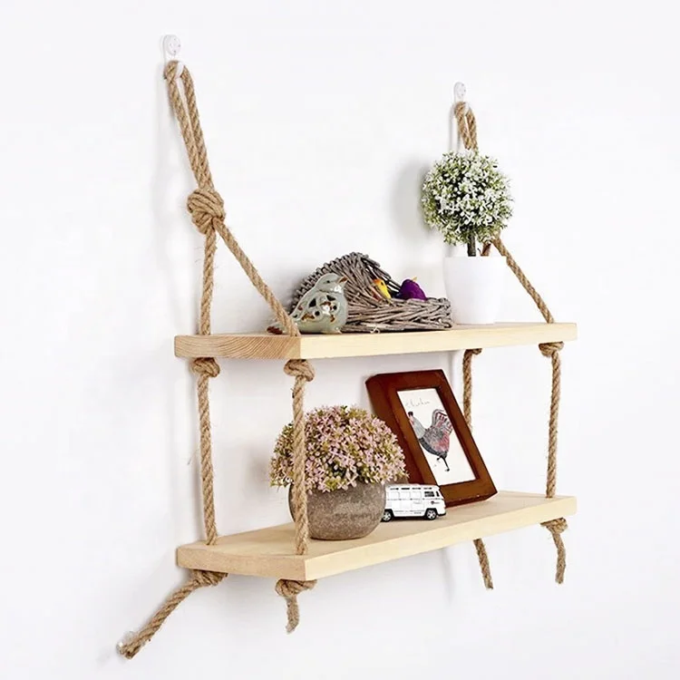 

hemp rope solid wood hanging wall rack hemp rope floating shelf wood wall floating shelf, Natural or customized color