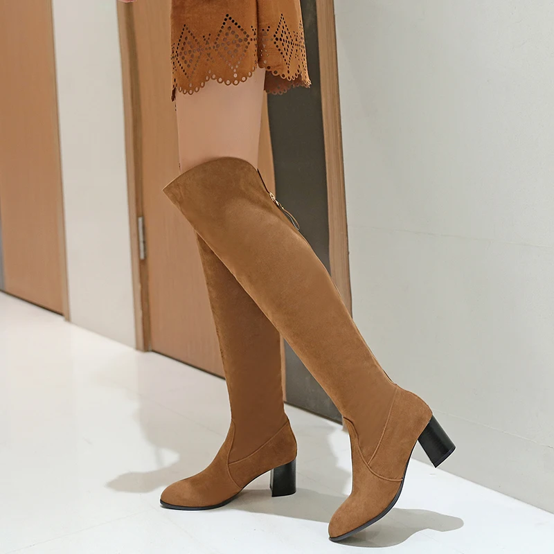 

Pointed Toe Square Heel Suede Boots Women Sexy Thigh High Boots for Ladies, Black/brown/grey