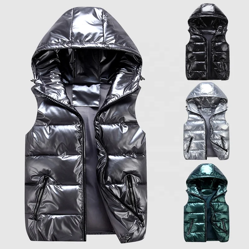 Men Winter Hooded Vest Coat Fashion Glossy Down Cotton Sleeveless Jacket Thicken Warm Vest S-4XL