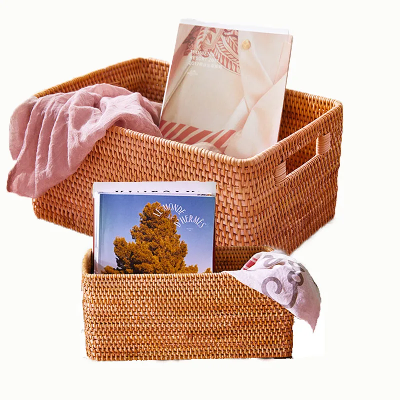 

Manual Woven Storage Basket Lid Wicker Basket Rattan Sundries Storage Box Handmade Sorting Boxes