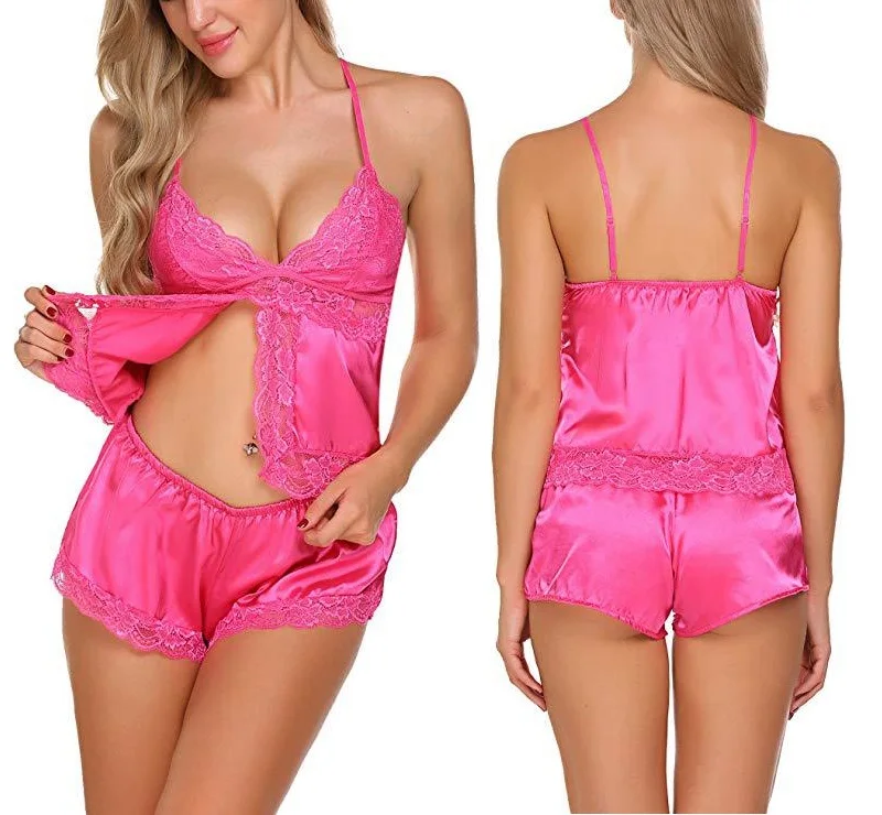 

Wholesale lingerie sexy hot transparent cheap lace sexy Lingerie women sexy 2pcs camisole boyleg set satin pajamas, Pink