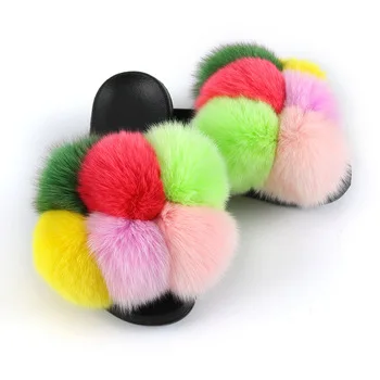 

Wholesale Cheap Furry Faux Raccoon Fur slippers Girls Sandals Fox Fur Slides For Women, 8color