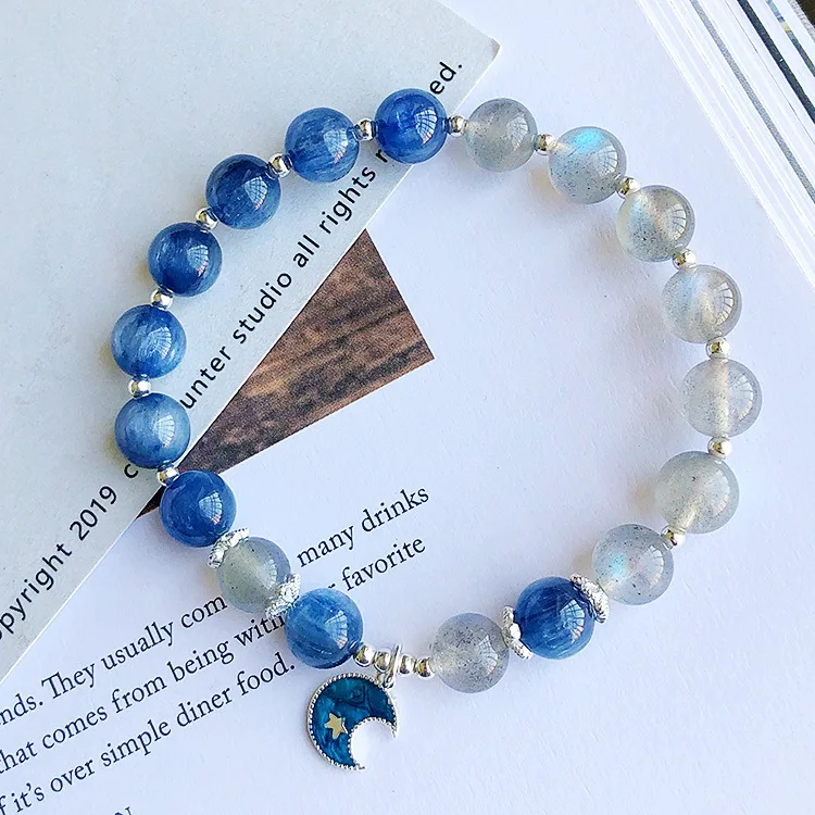 

Trendy Design Natural Crystal Moonstone Blue Kyanite Stone Beads 925 Silver Crescent Charm Bracelet for Women