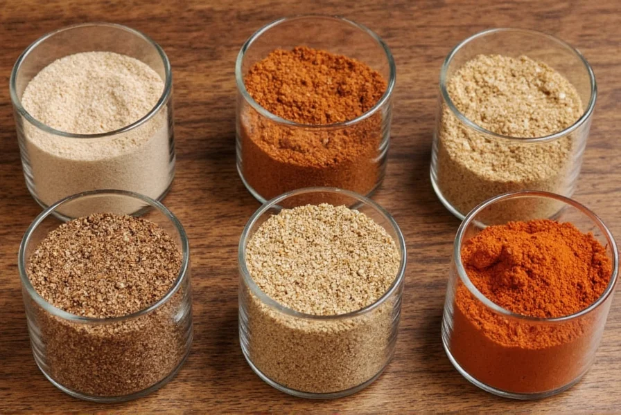 Various spice jars showing cumin substitutes including chili powder, coriander, and garam masala arranged on wooden table