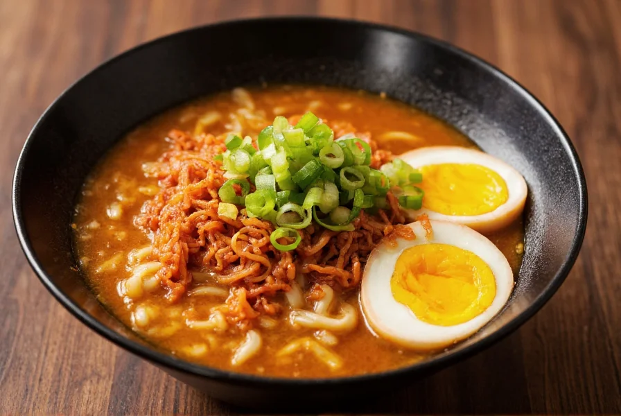 Chili onion crunch used as topping on ramen bowl with soft-boiled egg and green onions