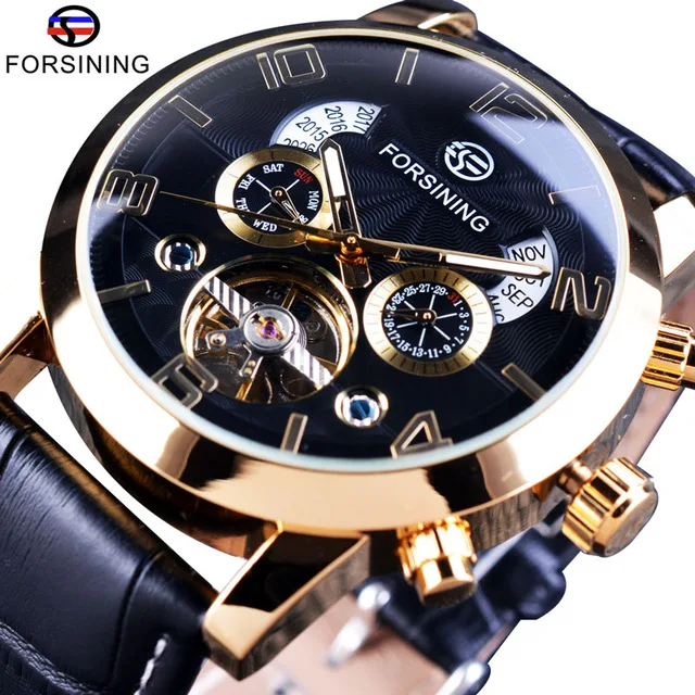 

Forsining Men Top Brand Luxury Tourbillion Fashion Black Golden Clock Multi Function Display Mens Automatic Mechanical Watches, 10-colors