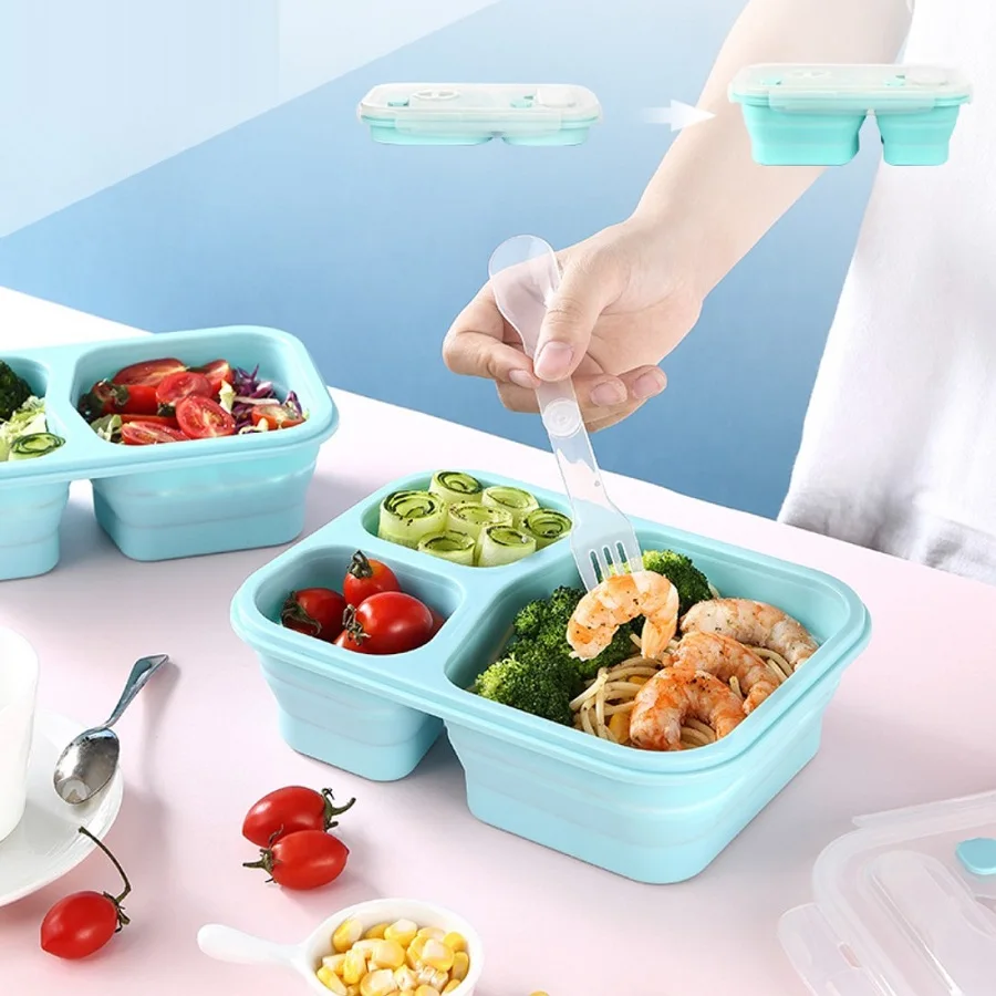 

Custom Foldable Collapsible Food Grade ECO Friendly School Kids Adult Silicone Tiffin Lunchbox Container Set Bento Lunch Box