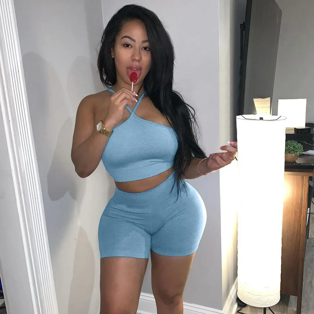 

2021 Summer Sexy Women Solid Color Sleeveless Bodycon Halter Backless 2 Two Pieces Crop Sun Top and Short Sets Girls' Loungewear