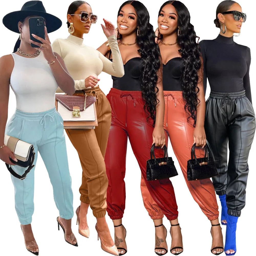 

2022 Spring New Arrivals Hot Selling Women&Ladies High Quality Female Casual Black&Brown Coated Pu Baggy Faux Leather Pants, Black, red, orange, brown, light blue