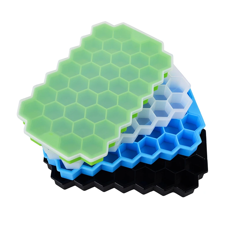 

Wholesale BPA Free 37 Holes Honeycomb Shape Food Grade Silicone Ice Cube Maker Tray Molds With Lids, Pink/orange/yellow/purple/blue/green/white/black