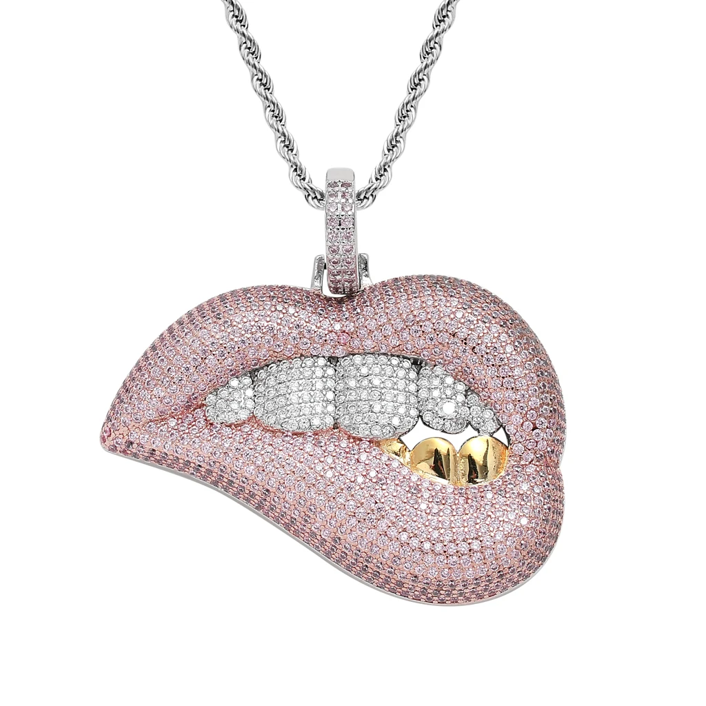 

New Sexy Diamond Lip Pendant Hip Hop Trendy Copper Teeth Iced Out Cubic Zirconia Personality Trendy Hiphop, Two tones