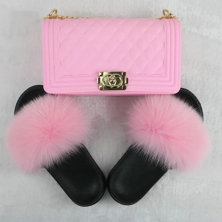 

Amazon Hot Selling real mink racoon fox fur slippers wholesale kids women fur sandals slides with fur purse set, Customized color