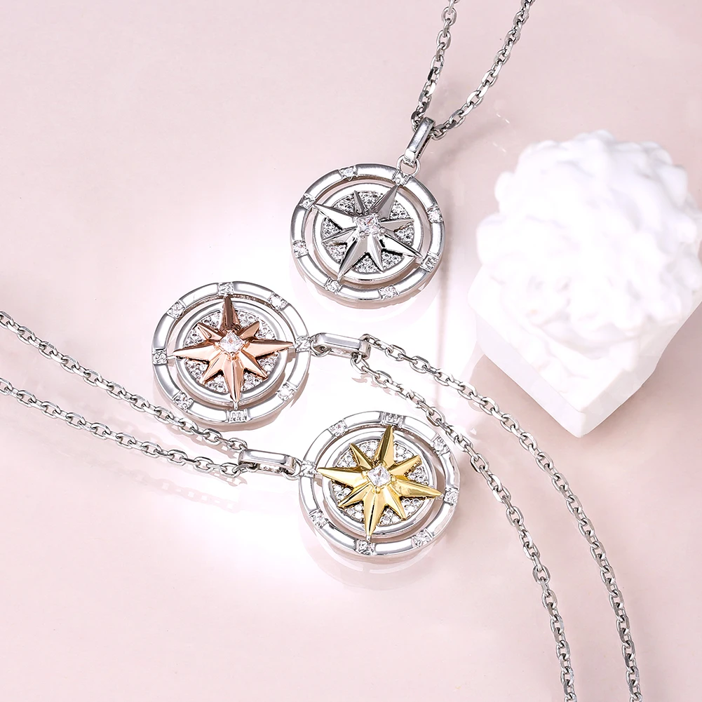 

KRKC Greek Gold Plating Metal Compass Pendant Necklace Iced 18k Gold Filled Men's White Ggold North Star Charm Compass Pendant