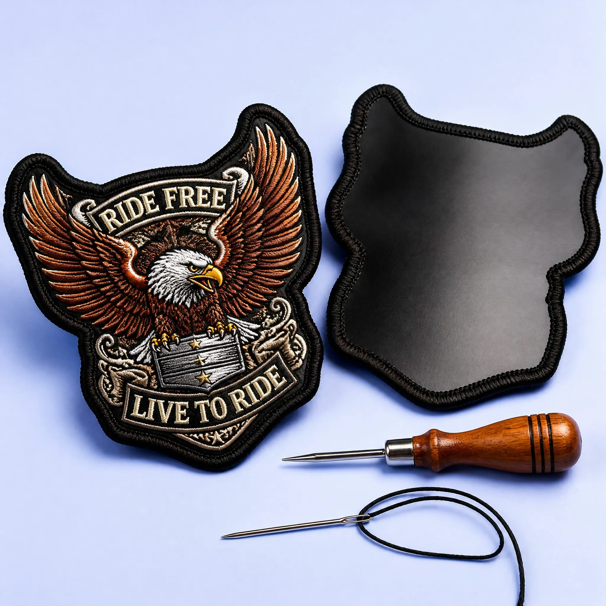 Ride Free Live to Ride Eagle Crest Patch with Smooth Reinforced Leather Sew-On Backing, Wooden Leathercraft Awl and Thread