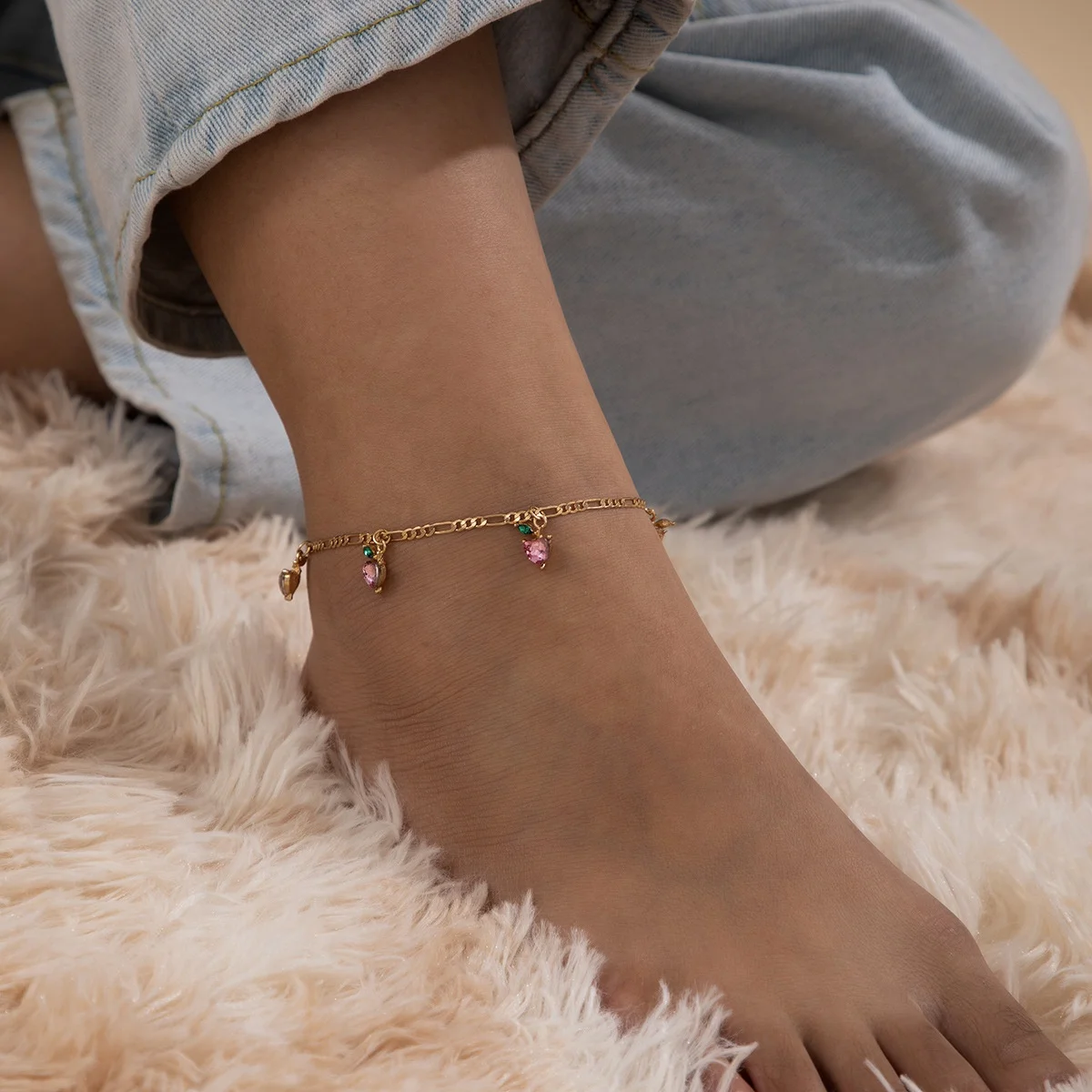 

Cute Elegant Rhinestone Crystal Fruit Cherry Charm Anklets for Women Simple Temperament Geometric Chain Ankle Foot Jewelry Gift, Customized plated