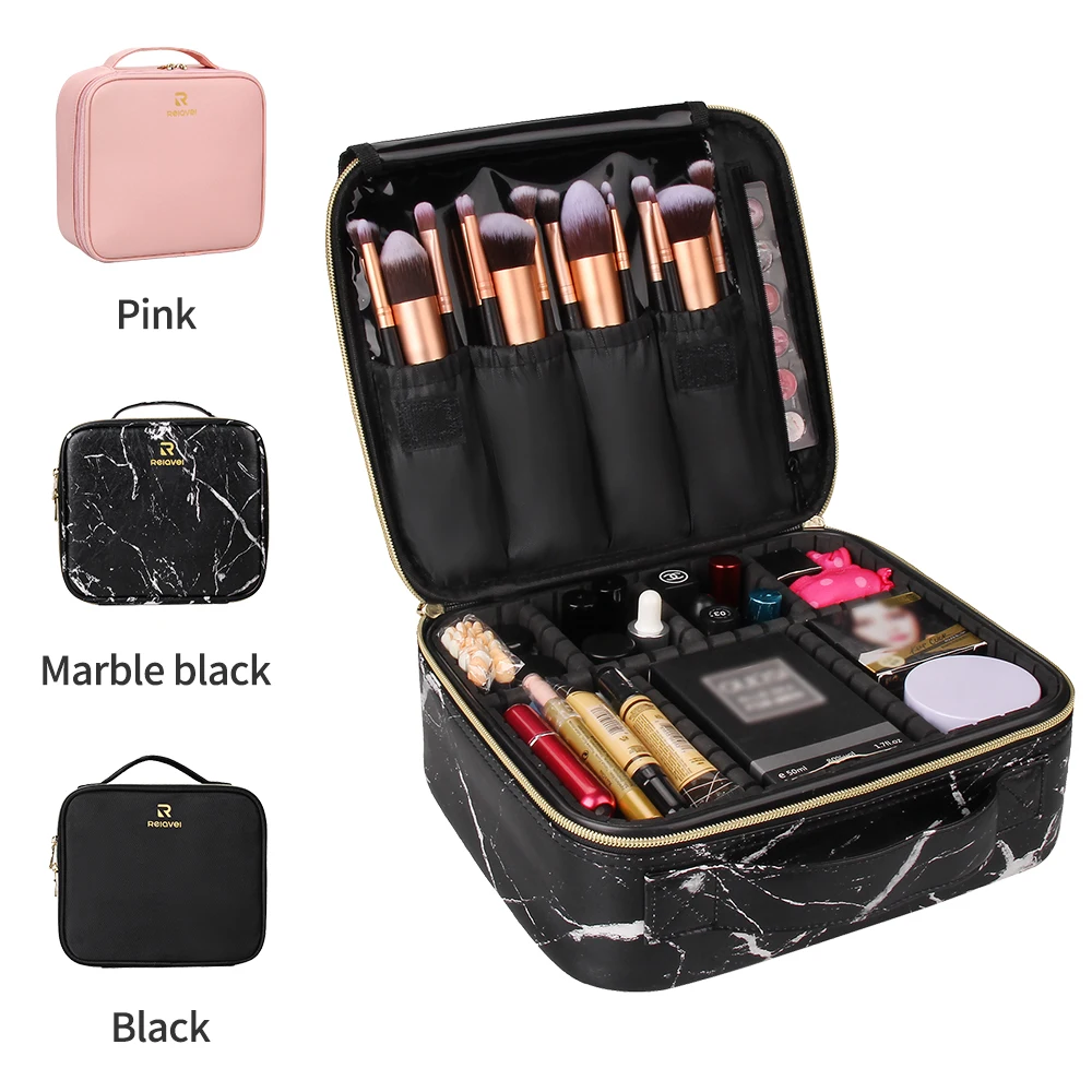 

Relavel 2021 New Luxury Portable Train Adjustable Dividers Small Cosmetic Beauty Makeup Case, Marble black