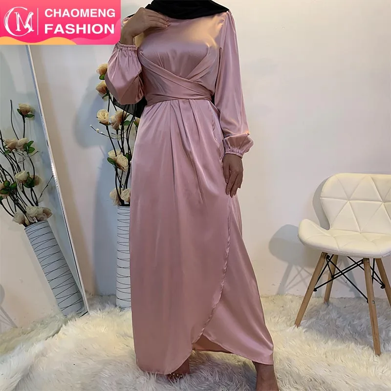 

6345#New Arrival Dubai Dress Split Design Silk Luxury Satin Fabric Maxi Long Dress For Islamic Women, Black/gold/green/pink/navy/grey/purple