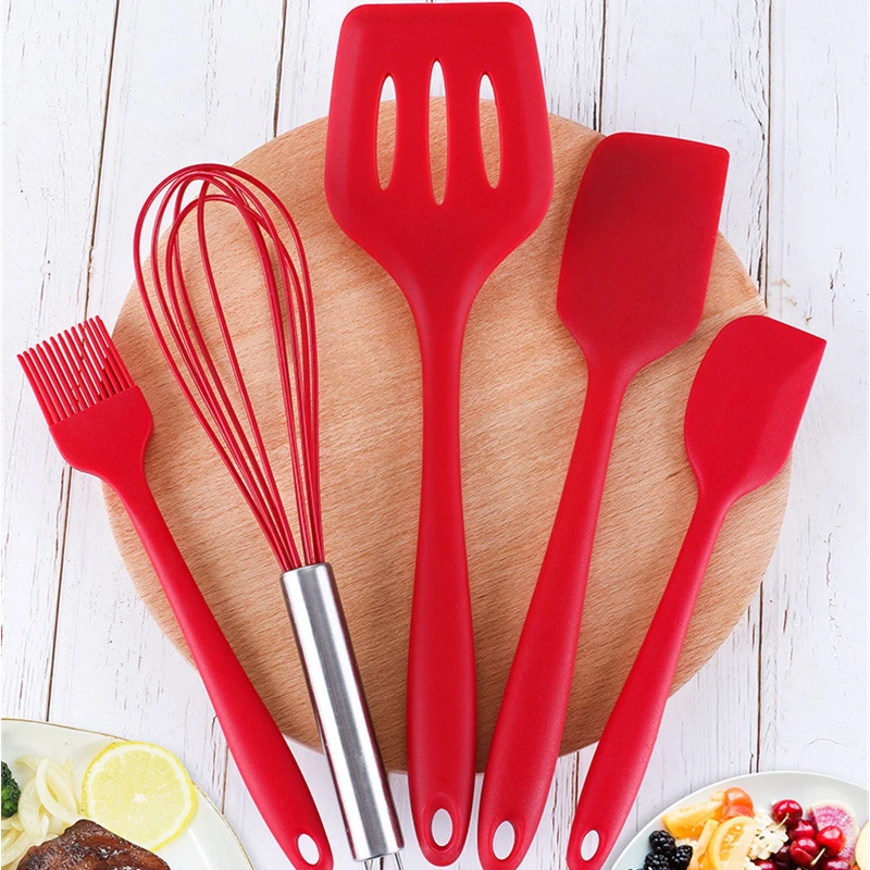 

OEM high quality 5 pcs soft kitchen accessories home silicone cooking utensils set, Mint green