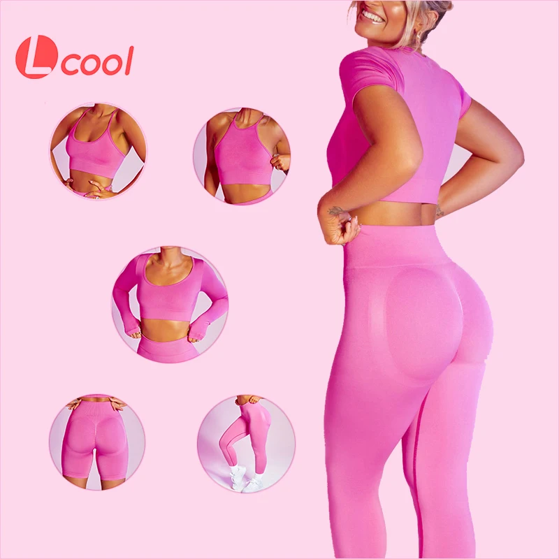 

Lcool Hot Sale Sportswear Suits Seamless leggings sets 5 Pcs Sets sexy bra gym leggings fitness yoga set