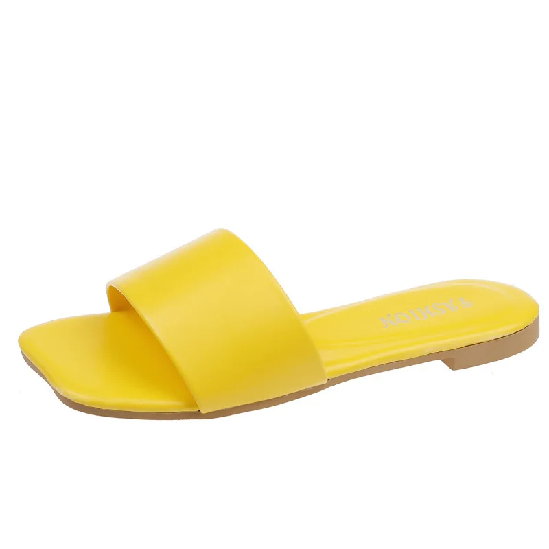 

2021 New Arrival Fashion Ladies Beach Slippers Candy Color Square Head Open Toe Flat One Cloud Women Outdoor Slippers