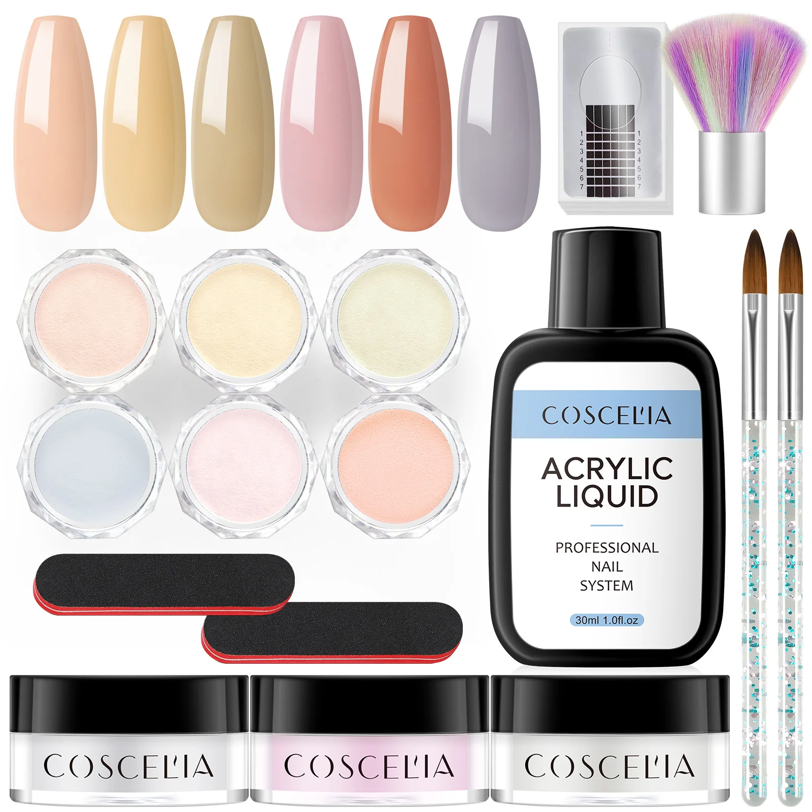 

COSCELIA Acrylic Powder Dipping Nail Vendors Custom Logo Professional Acrylic Nail Kit with Monomer Acrylic Liquid, Pink,clear,white