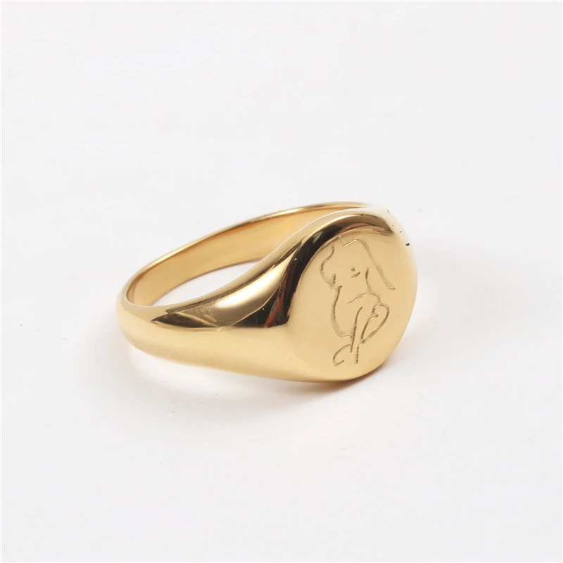 

2021 High End Stainless Steel 18k PVD Gold Plated Engraved Body Art Rose Flower Ring Signet Rings Women Jewelry, Picture