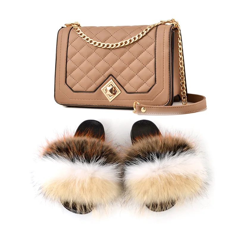 

Woman Sandals Purse Handbags Set Jelly Purses Matching Color Luxury Fur Slippers Set Women Real Fox Fur Slides set