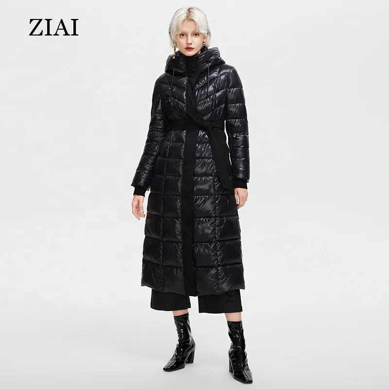 ZIAI Women's Pure Black Long Warm Padded Jacket Zip up Hooded Belted Puffer Coat