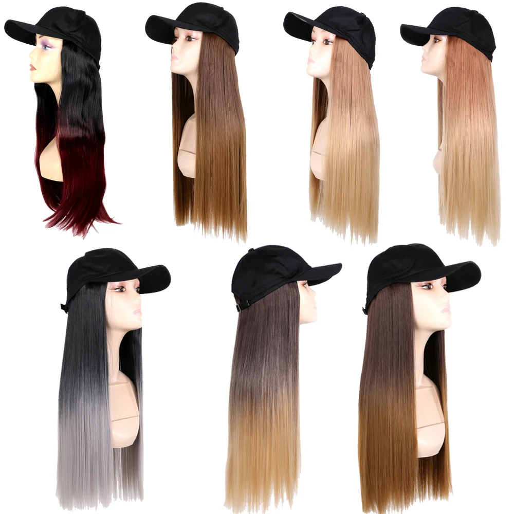 

MYZYR Hot Wholesale long straight baseball cap with hair extension 22 inch synthetic hat wig for women girl Cosplay wigs 260g