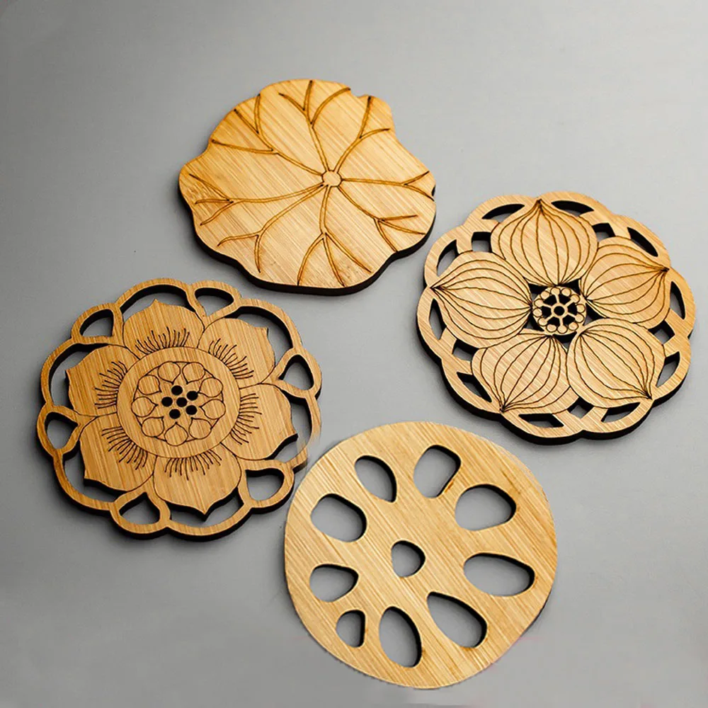 

Lotus Drink Coasters Mat Wooden Round Cup Table Mat Tea Coffee Mug Placemat Home Decoration Kitchen Accessories, Natural