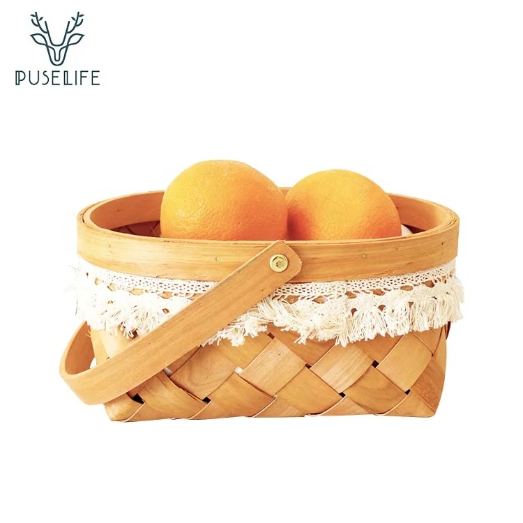 

Wholesale Eco-friendly handmade woven wood storage basket with lace and handle, Natural