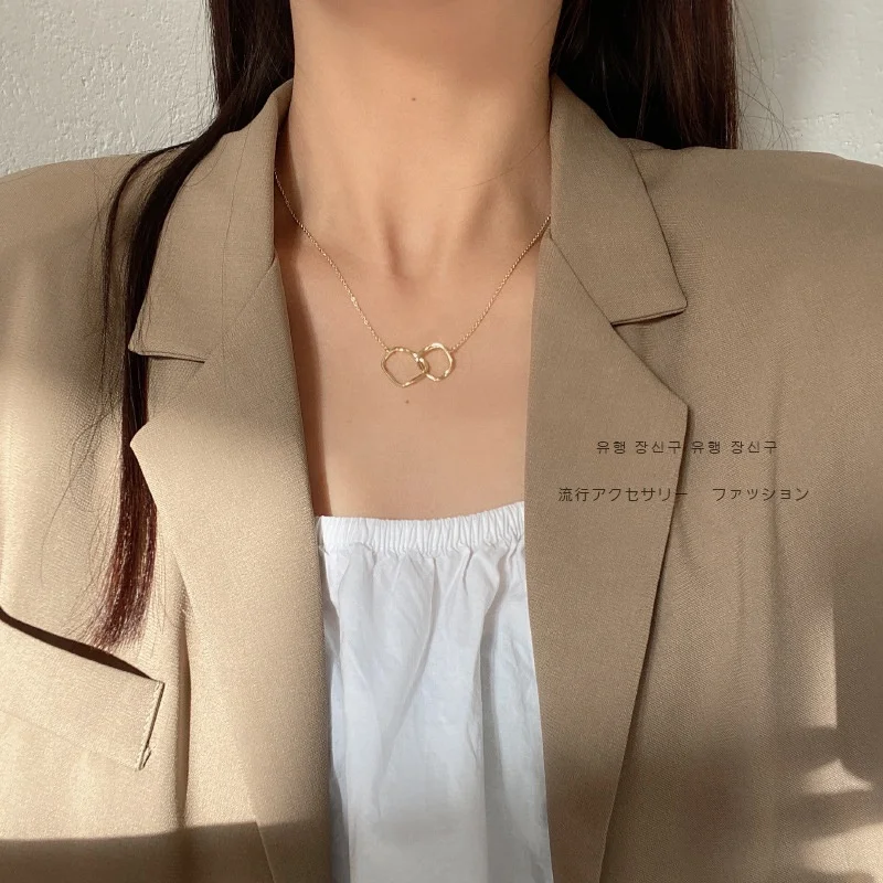 

New Smooth metal clasp Necklace Minimalist Versatile 14K gold plated double cicle pendant necklace