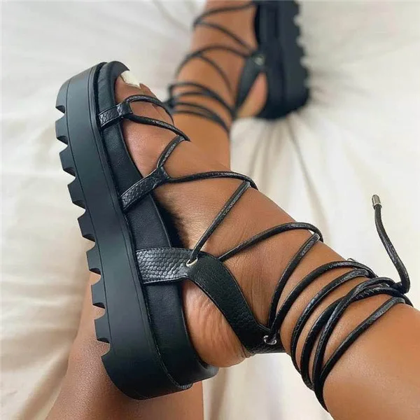 

Dropshipping Ladies Summer Roman Sandals Solid Color Open Toe Platform Cross Straps Women Sandals 2021