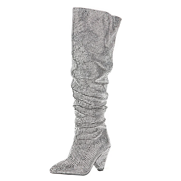 

Hoslasen Rhinestones Bling Bling Sharp Shinny Shoes Thigh High Boots Women, Black