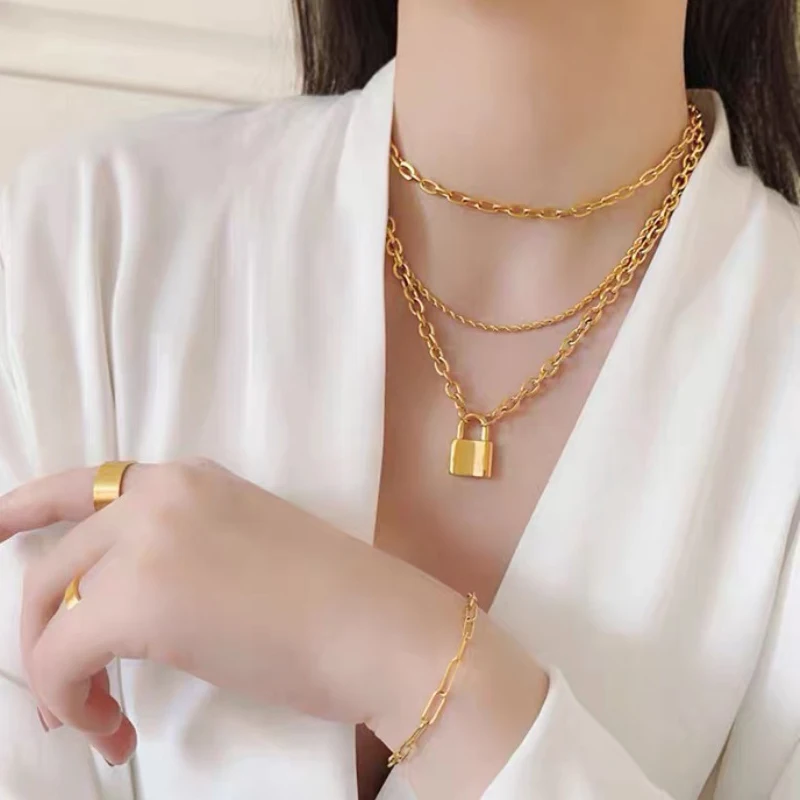 

Stainless Steel 18K Gold PVD Plated Padlock Lock Pendant Link Chain Necklaces Women Jewelry