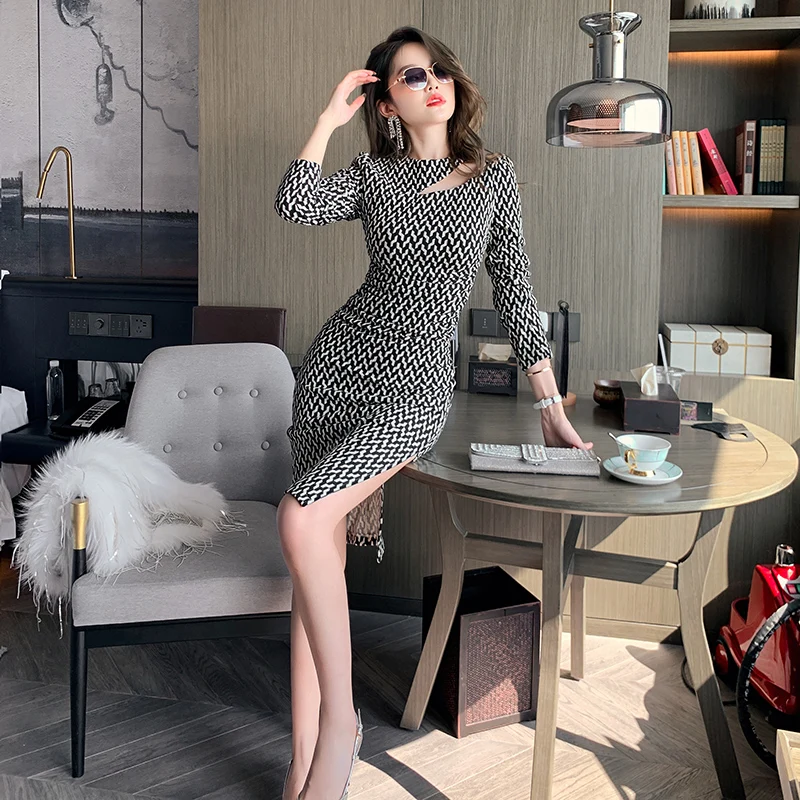 

ZYHT Fast Shipping 5581 Allure Women Hollow Dresses Black White Elasticity Knit Dress Sexy Bodycon Dress