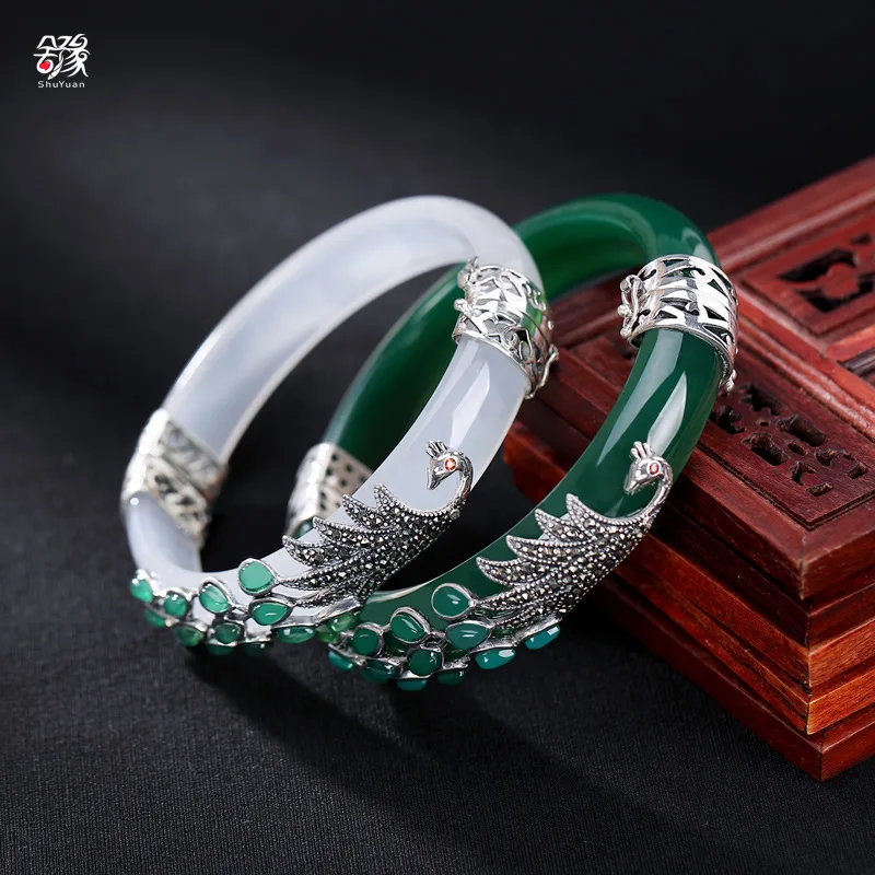 

Luxury SY-8835 S925 Sterling Silver Natural Jade Jewelry Bangles Vintage Ladies Inlaid Thai Silver Open Peacock Bracelets, 2-colors