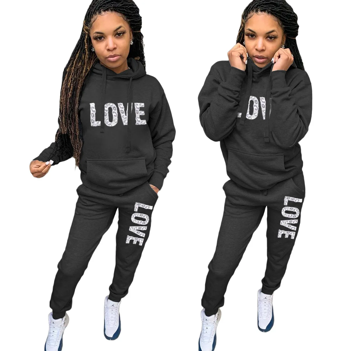 

CL-029 Winter Fall Thicken Black 2021 Cotton Polyester Women Sportswear Womens Two Piece Hoodie Set, As picture show