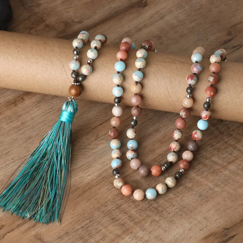 

Agalmatolite 108 Beaded Japamala Necklaces Yoga Meditation Tassel Pendant Red Plum Blossom Gemstone Necklace for Women