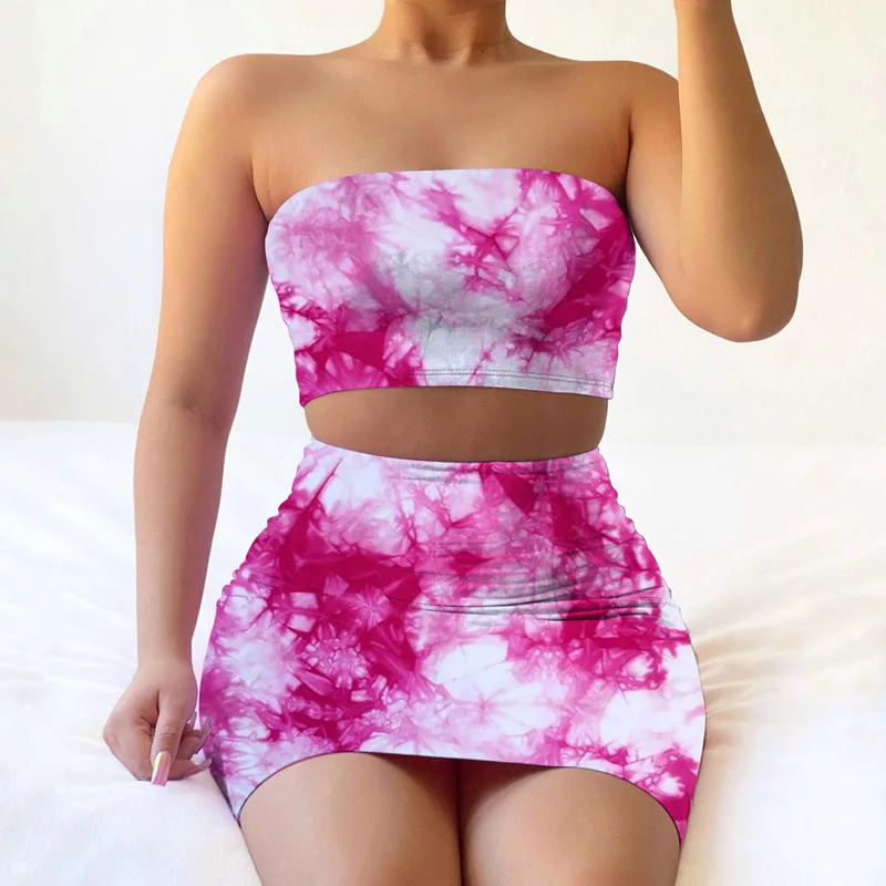 

2021 New women sexy tie-dyed skirt set 2 piece dress set, Different color