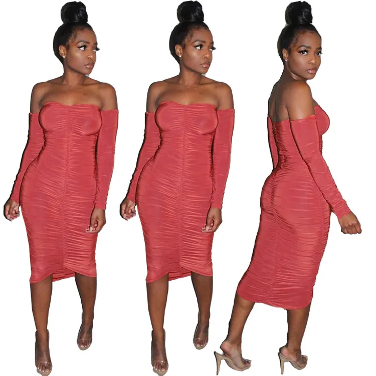 New Designer Ladies Dresses Folded Off Shoulder Cute Lovely Cozy Autumn Casual Sexy Party Club Wear Bodycon Women Dress