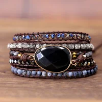 

2019 Exclusive Leather Bracelet Black Onyx Mix 5 Strands women and men Wrap Bracelets Bohemian Bracelet gift jewelry Dropship