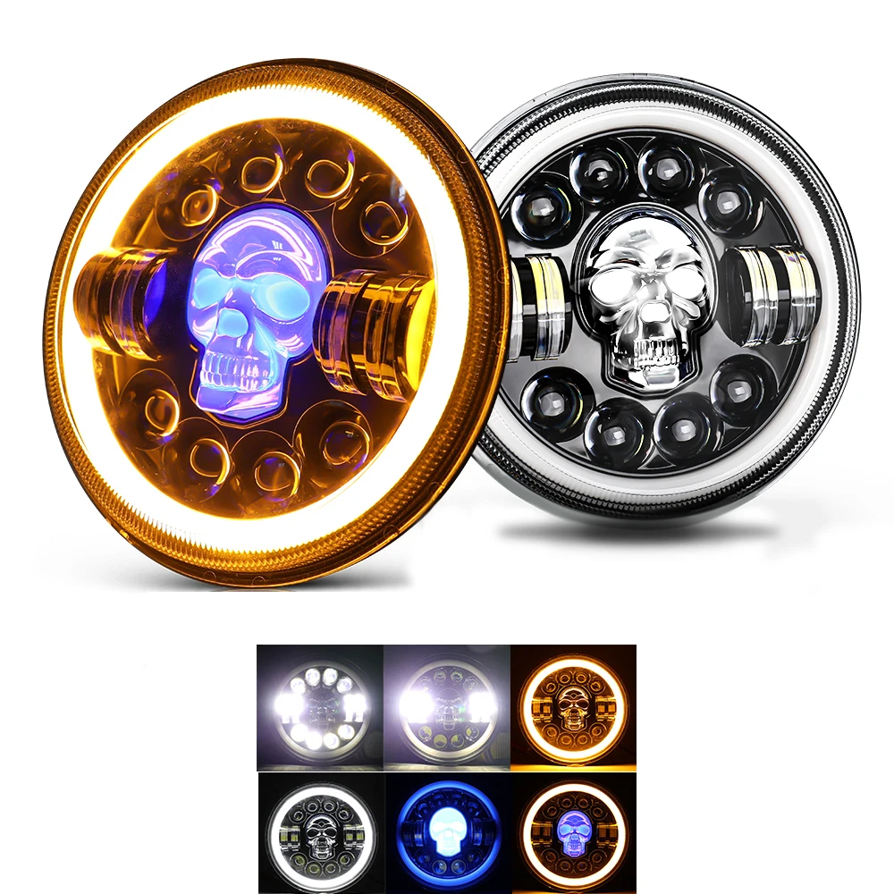 Skull Design Waterproof 7 Inch RGB LED Headlight with angel eye for JK LED headlight